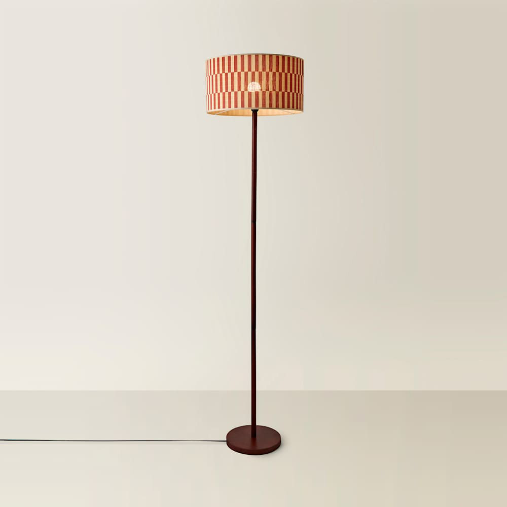 ValueLights Heather Orange Checkerboard Bamboo Shade Dark Wood LED Floor Lamp with Bulb Image 4