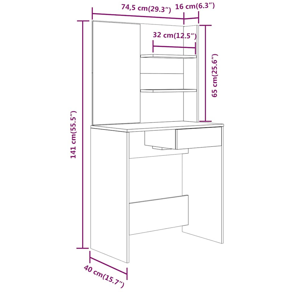vidaXL Single Drawer 2 Shelf Concrete Grey Dressing Table and Stool Set with Mirror Image 8