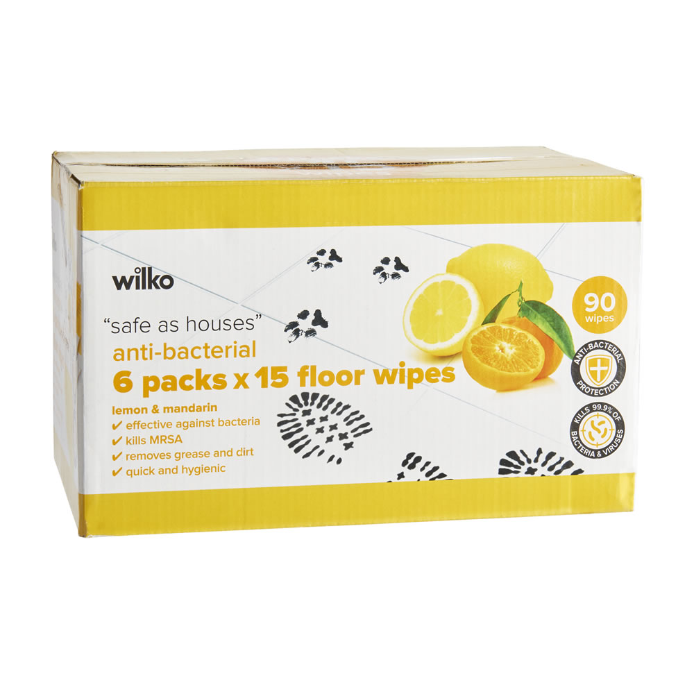 Wilko Lemon Antibacterial Floor Wipes 15 pack x 6 packs Image 1