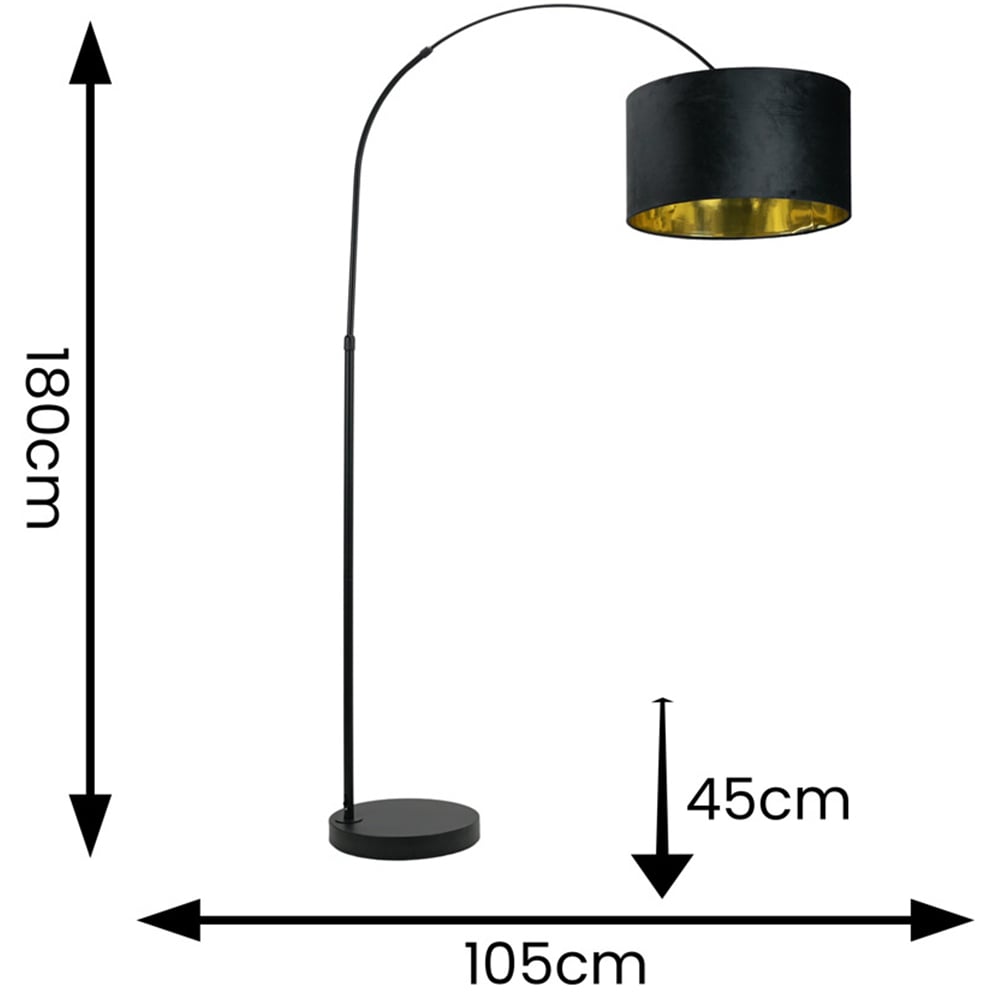 ValueLights Louis Black Arched LED Floor Lamp with Black and Gold Velvet Drum Lamp Shade Image 4
