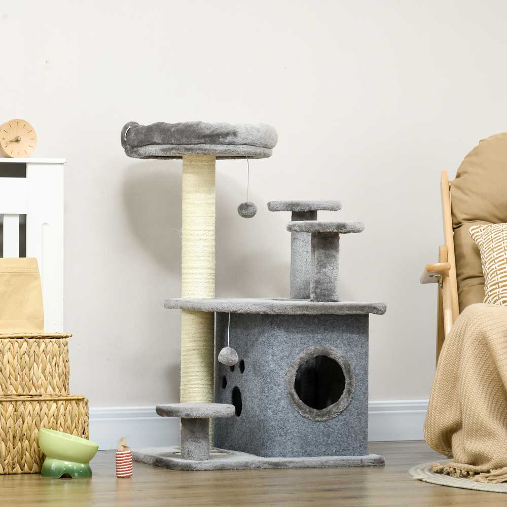 PawHut 92cm Cat Tree Tower with Scratching Posts, Mat, House, Bed, Toy - Grey Image 2
