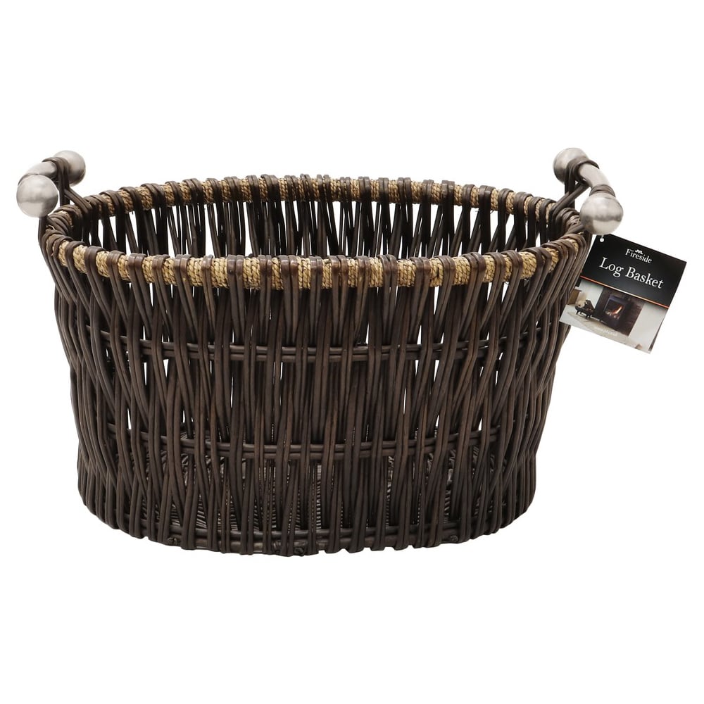JVL Dark Willow Brown Log Basket with Metal Handles 35 x 55 x 44cm Image 4