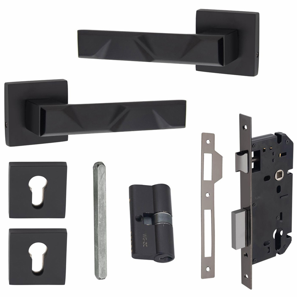 Golden Grace Matt Black Modern Nova Euro Lock Door Handle Set Image 1