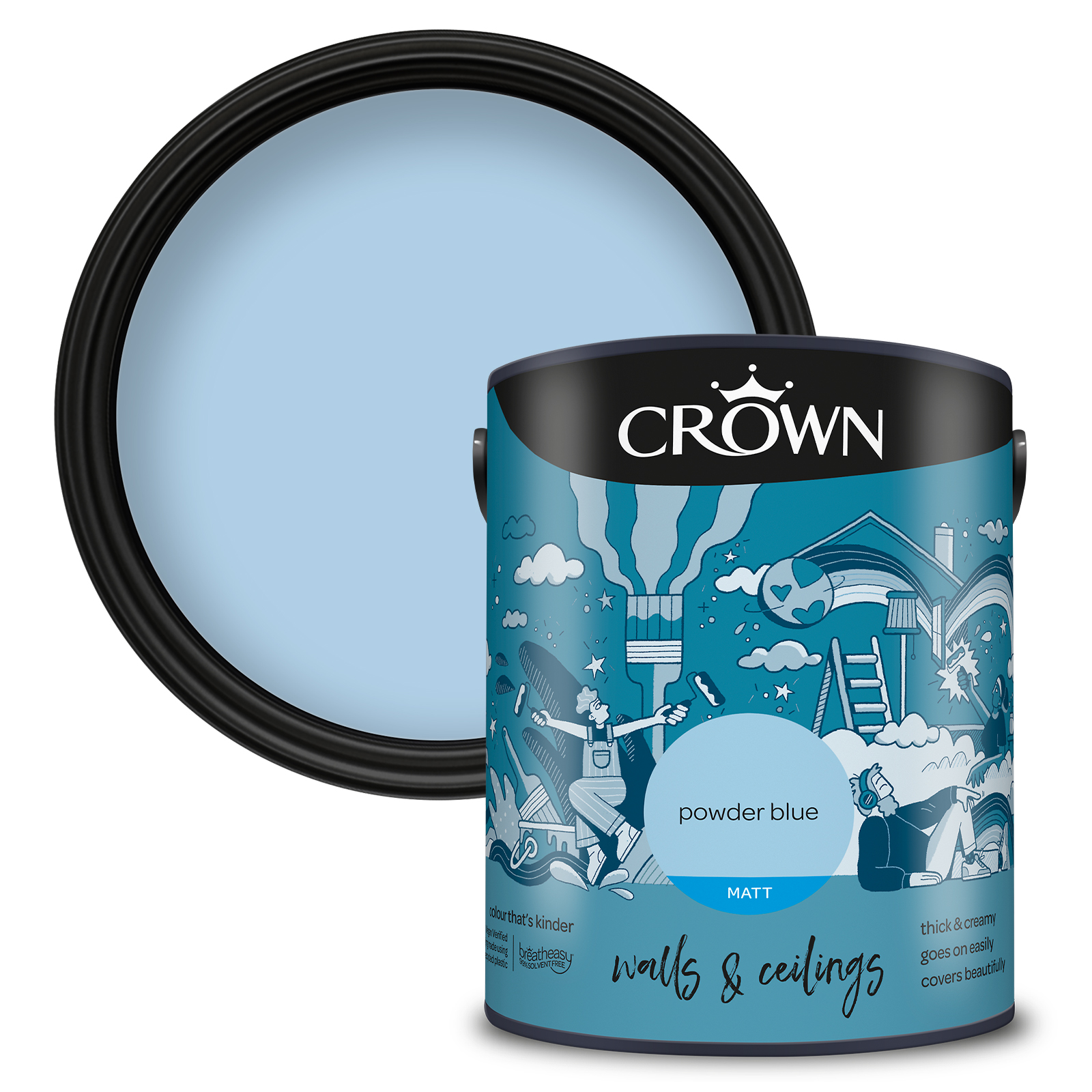 Crown Breatheasy Walls & Ceilings Powder Blue Emulsion Paint 5L Image 1