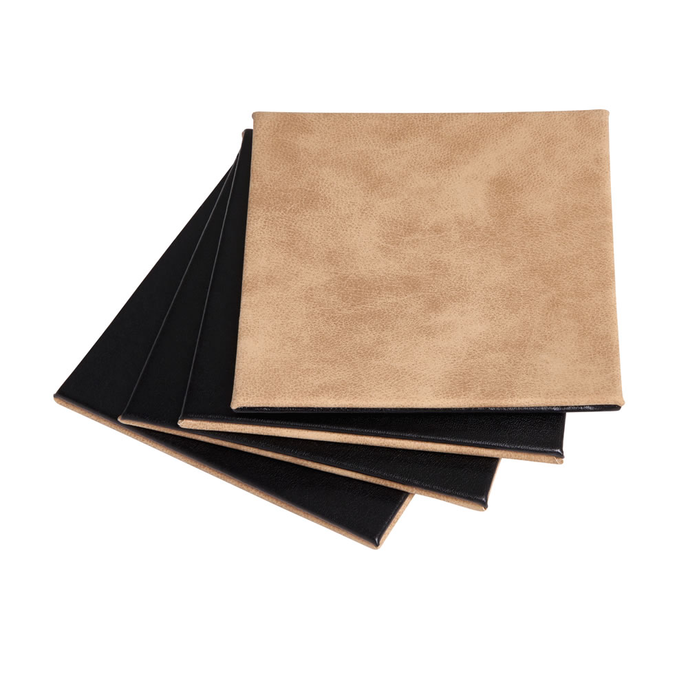 Wilko 4 pack Faux Leather Black and Tan Coasters Image