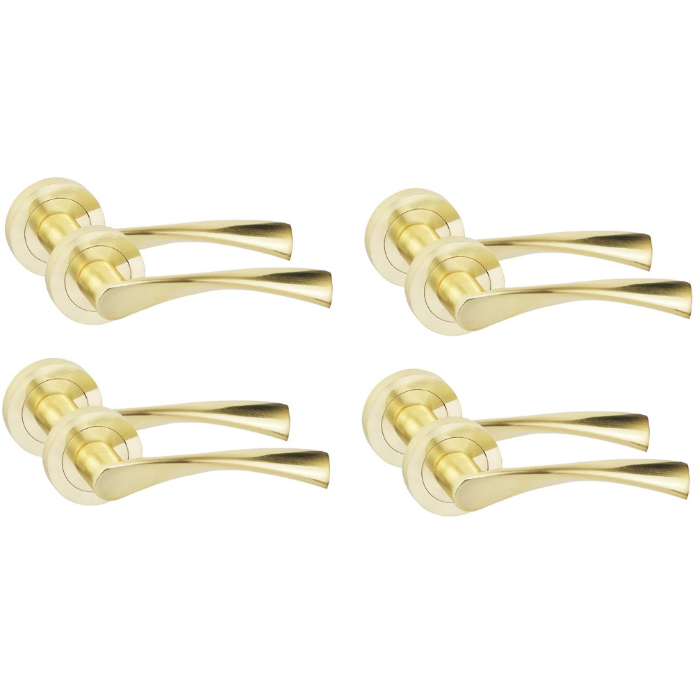 Golden Grace Satin Brass Astrid Door Handle Set with Spindle and Fixing 4 Pack Image 1