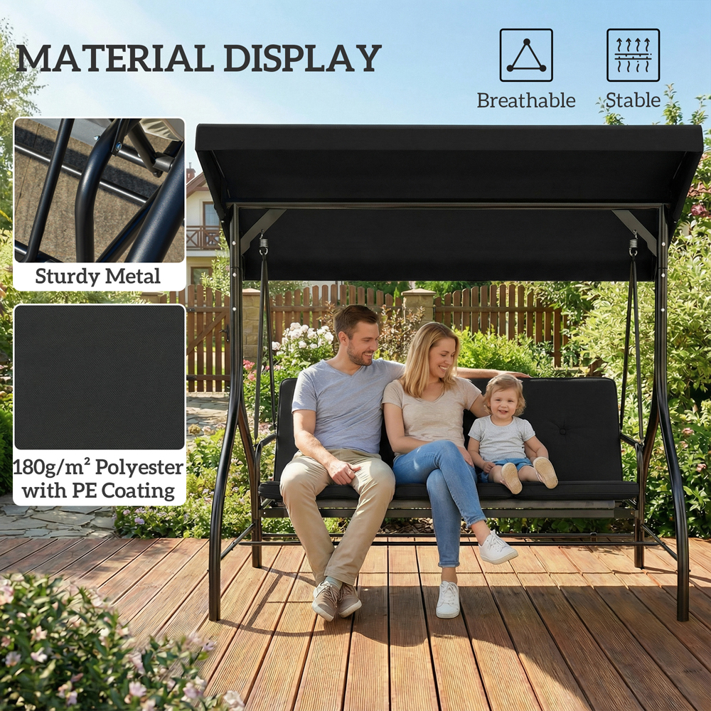 Outsunny 3 Seater Black Garden Swing Chair with Canopy Image 6