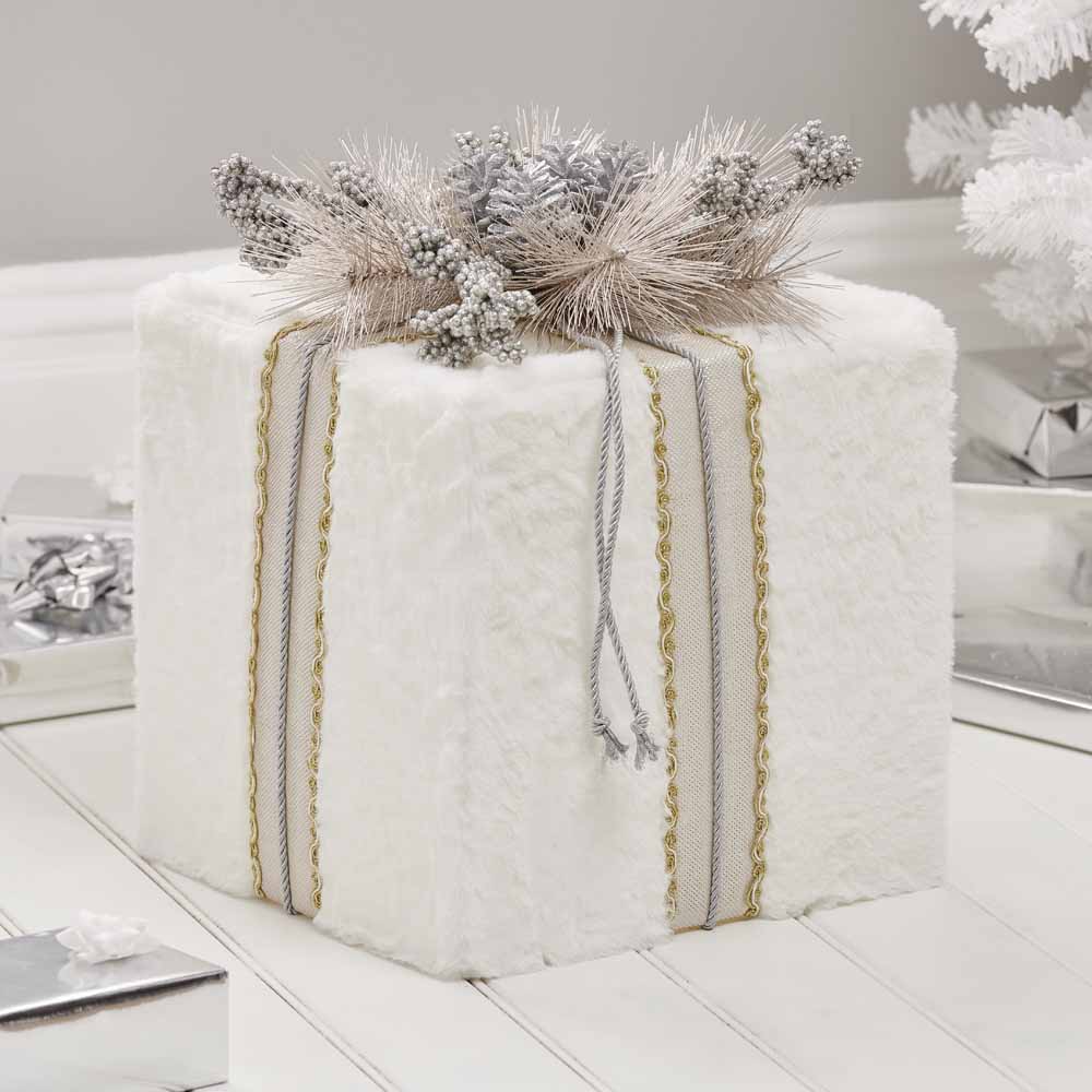 Wilko Gold Silver Faux Fur Large Gift Box Christmas Ornament Image 1