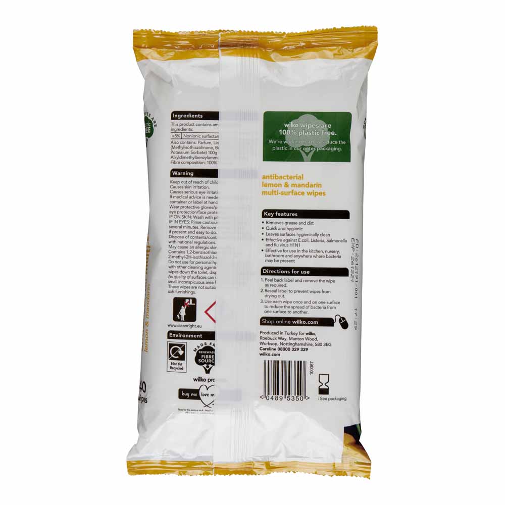 Wilko Plastic Free Antibacterial Lemon Wipes 6 x 40 Multipack Image 3