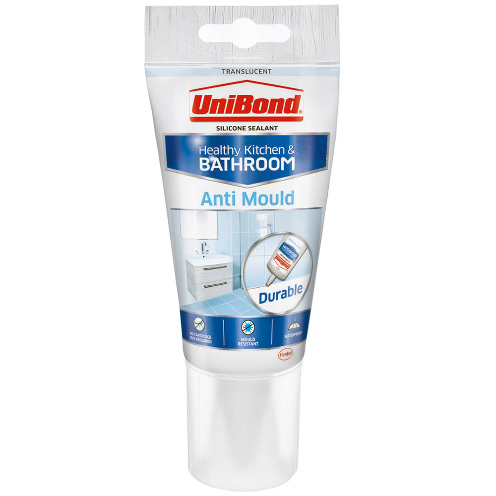 UniBond Anti-Mould Translucent Kitchen and Bathroom Sealant 150ml  - wilko Protect your bathroom and kitchen from moulds with the powerful Unibond Anti-Mould Translucent Kitchen and Bathroom Sealant 150ml! This high-quality and long-lasting joint filler is specially formulated to function in humid environments such as kitchens and bathrooms. Waterproof and flexible, it is recommended for use as a kitchen sink sealant, worktop sealant, or toilet sealant. Formulated with silicone acetoxy technology, this joint sealant provides long-lasting sanitary seals with high adhesion. The cartridge design ensures precise application. Waste no time with sealing jobs – the long-lasting sanitary silicone is touch-dry within just 20 minutes and fully dry in 24 hours. How to use: The sanitary sealant is simple and effective. To apply, first ensure that any existing sealant is removed and surfaces are clean and dry. Simply cut the tip off the cartridge above the screw thread. Then, remove the nozzle cap and trim the nozzle at an angle of 45° to the desired joint width. Lastly, screw the nozzle onto the cartridge and insert the cartridge into the gun. Apply by pulling the trigger. To maintain a mould-free finish, it is recommended to regularly clean the sealant of any soap or residue. Product benefits at a glance: Forms a permanently flexible, waterproof, and mould-resistant sealant to prevent mould growth. Specially formulated for use in warm, humid environments (e.g. bathrooms and kitchens). Long-lasting sanitary sealant with high adhesion. Touch-dry in 20 mins, fully dry in 24 hours. Colour: Translucent.