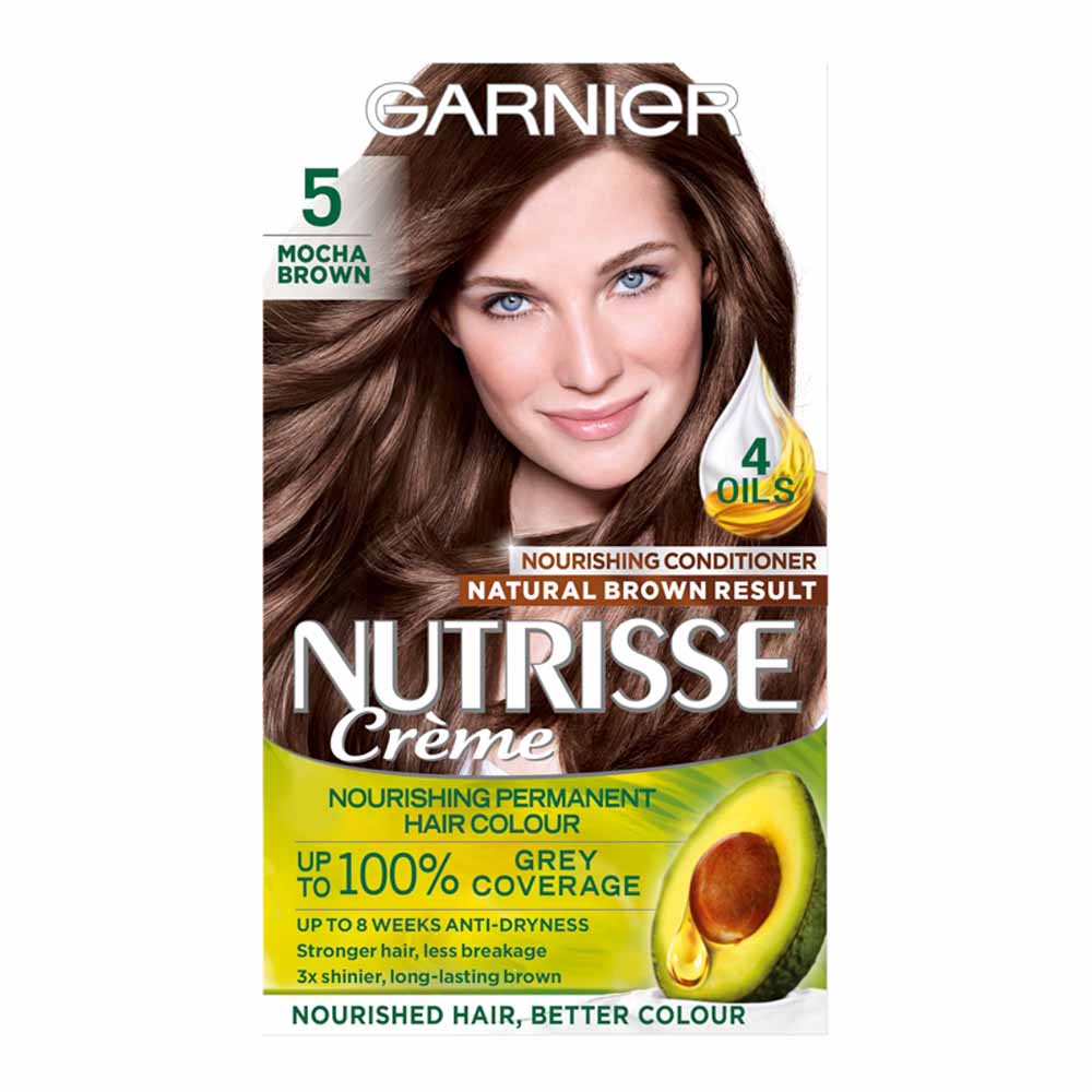 Garnier Nutrisse 5 Mocha Brown Permanent Hair Dye  - wilko Garnier Nutrisse Crème provides permanent nourishing hair colour with up to 100% grey coverage. The formula is enriched with Shea Butter and 3 oils; avocado, olive and blackcurrant, to leave your hair feeling silky and looking shiny. It also helps protect against dryness until your next colour, giving radiant colour for up to 8 weeks. The non-drip crème is so easy to work through your hair.  Pack contains: 1 applicator bottle of Developer Creme 60ml, 1 tube of Colour Creme 40g , 1 sachet of Nourishing Cream Conditioner 60ml, 1 instruction leaflet and 1 pair of gloves.Shade: 5 Brown Warning:Hair colourants can cause severe allergic reactions. Always conduct an allergy test 48 hours before use. Keep out of reach of children. Read instructions fully before use.