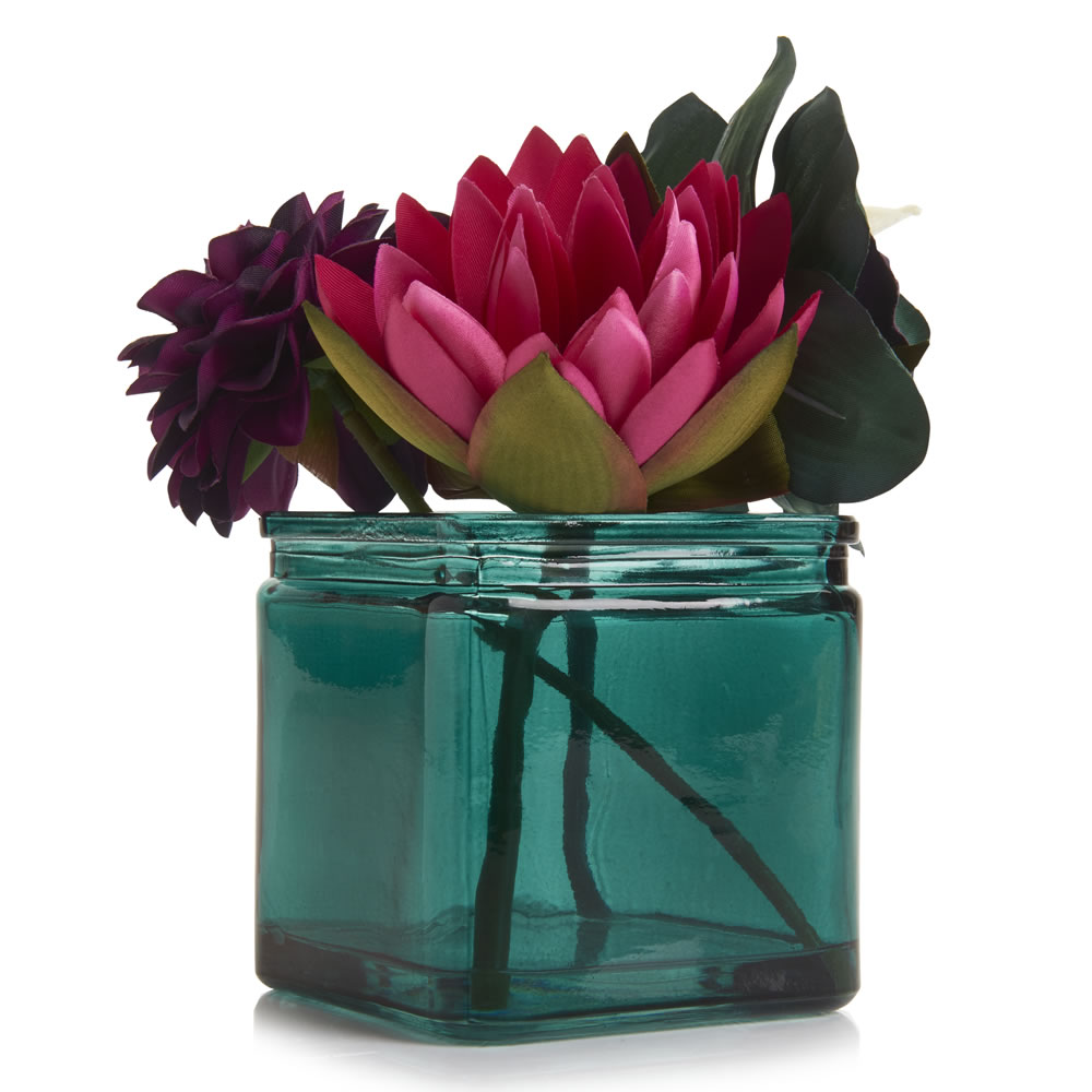 Wilko Artificial Lotus Flower and Orchid in Glass Vase Green Image 1