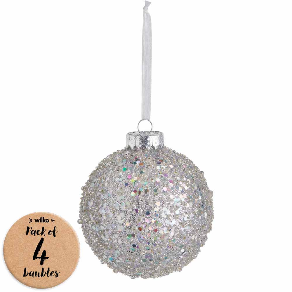 Wilko Glitters Sparkle Encrusted Christmas Baubles 10cm 4 Pack Image 1