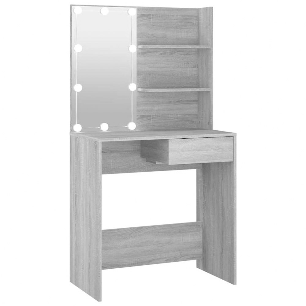 vidaXL Single Drawer 2 Shelf Grey Sonoma Dressing Table with LED Mirror Image 2