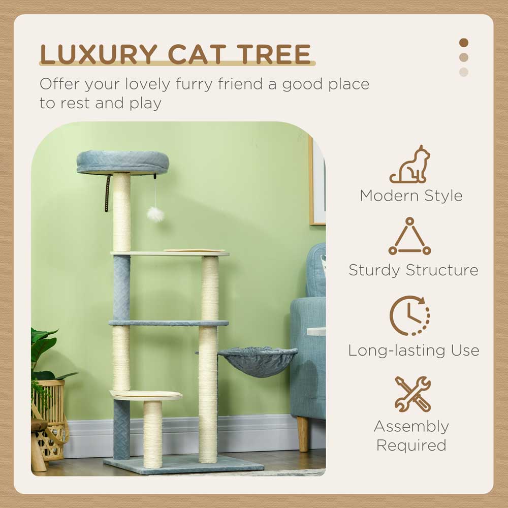 PawHut Blue Wooden Cat Tree Climbing Tower with Scratching Post Image 3