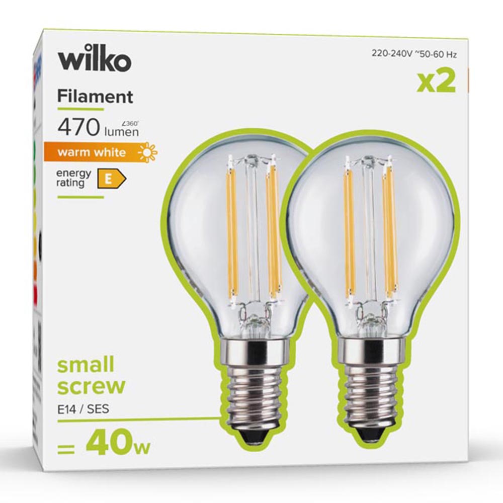 Wilko 2 pack Small Screw E14/SES 470lm LED Filament Round Light Bulb Non Dimmable Image 1