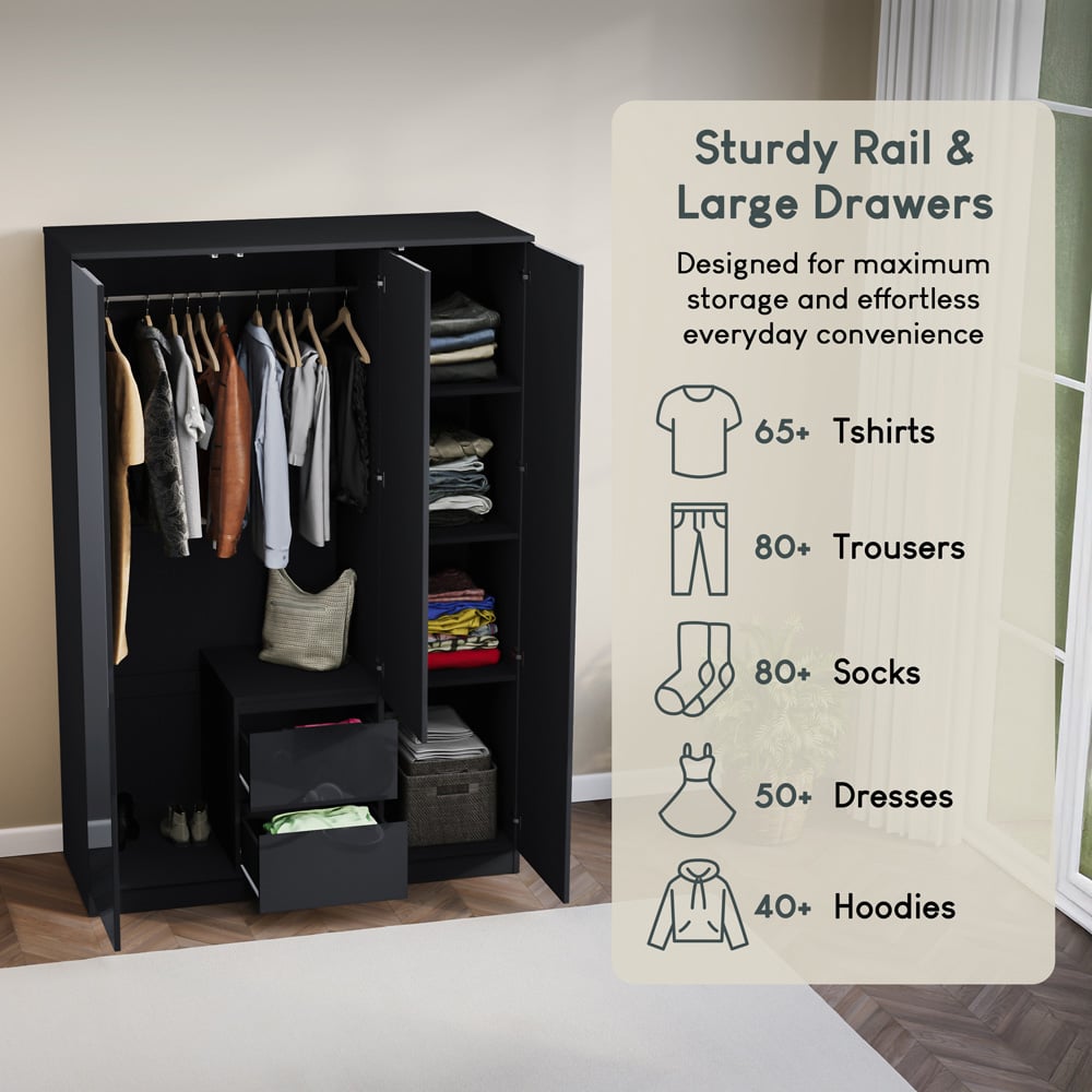 VIDA DESIGNS Glinton 3 Door 2 Drawer Black Wardrobe Image 6