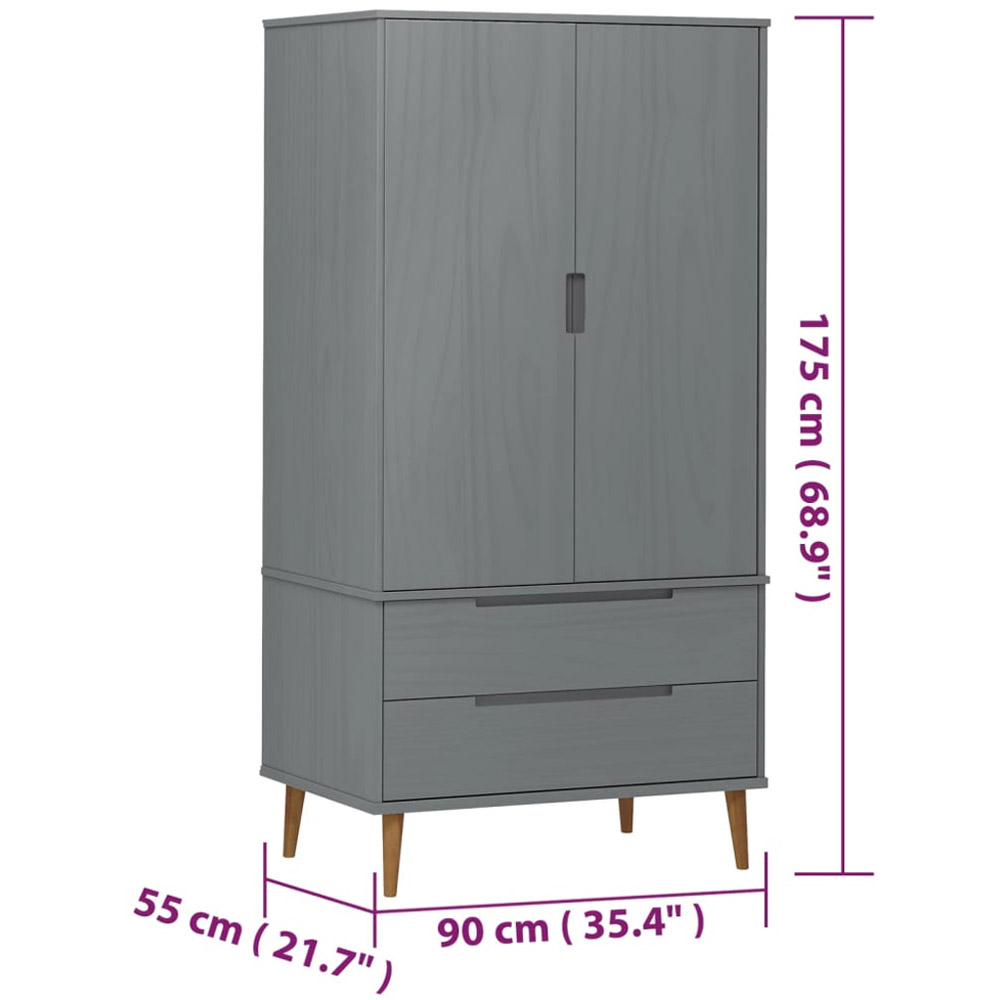 vidaXL Molde 2 Door 2 Drawer Grey Solid Wood Pine Wardrobe Image 9