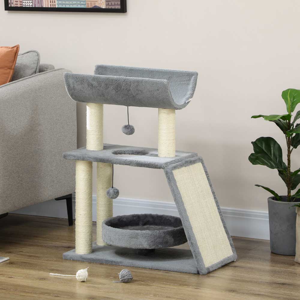 PawHut Grey Cat Tree Kitten Tower with Scratching Post Image 2