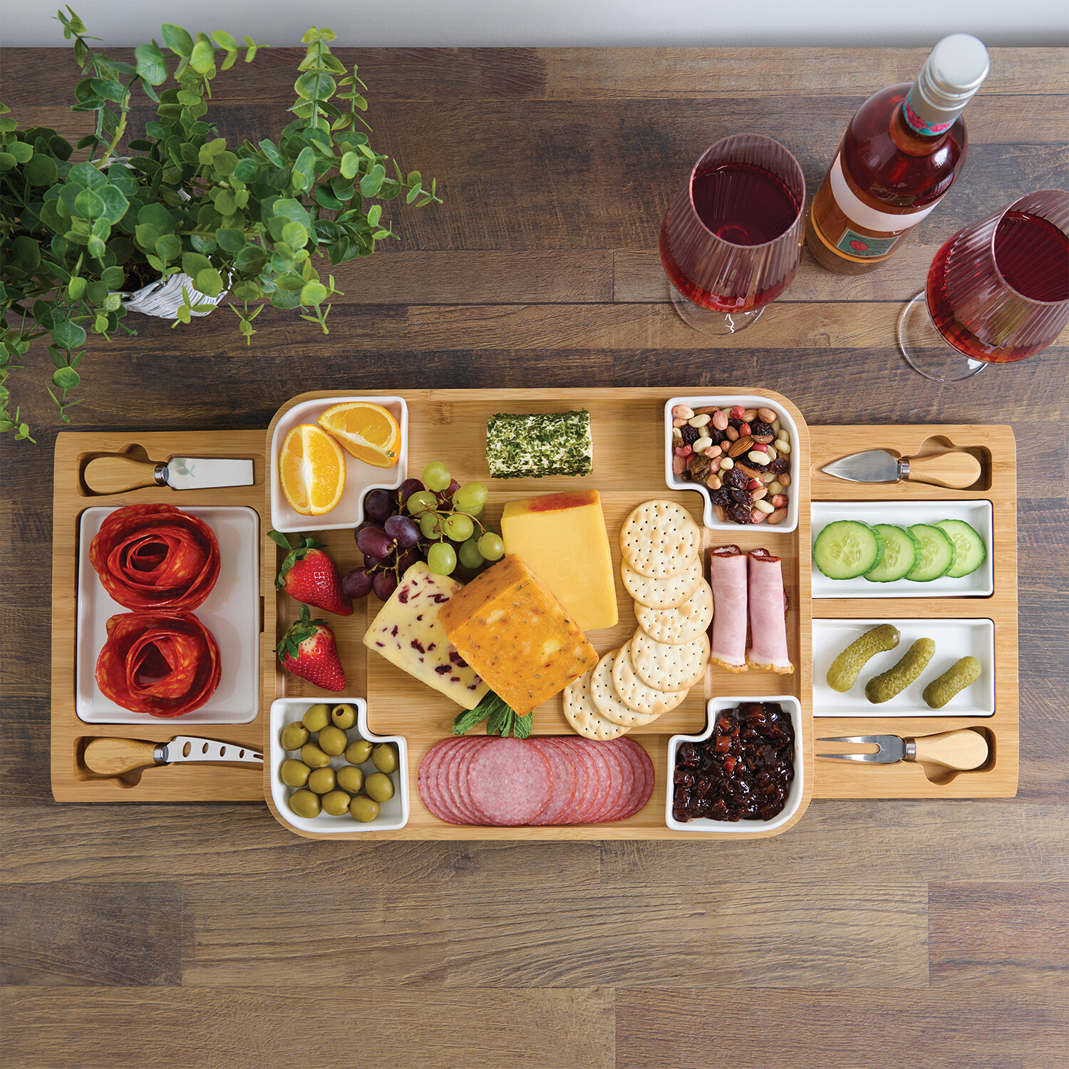 Kitchen Master 14 Piece Bamboo Cheese Board Set - Natural and White Image 2