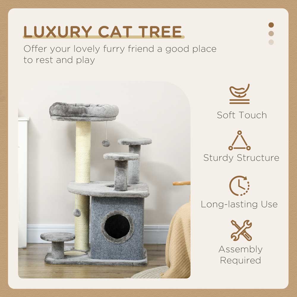 PawHut 92cm Cat Tree Tower with Scratching Posts, Mat, House, Bed, Toy - Grey Image 3