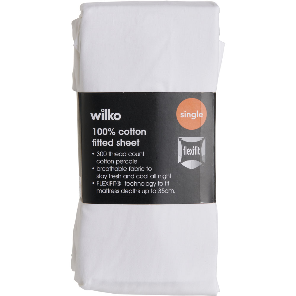 Wilko Best White 300 Thread Count Single  Percale Fitted Sheet Image 2