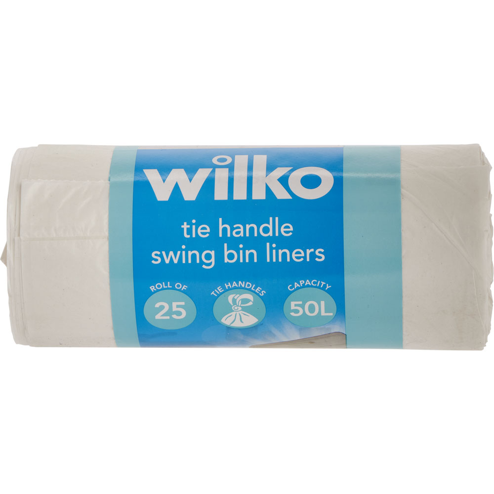 Wilko Tie Handle Swing Bin Liners Plastic White 50L 25 Pack Image 1
