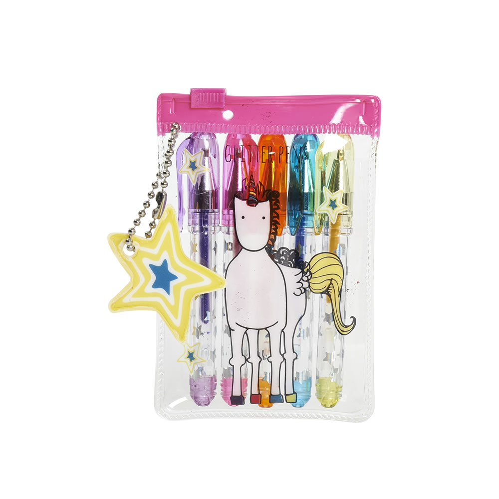 Wilko Unicorns Mini Glitter Pens 5 pack Image