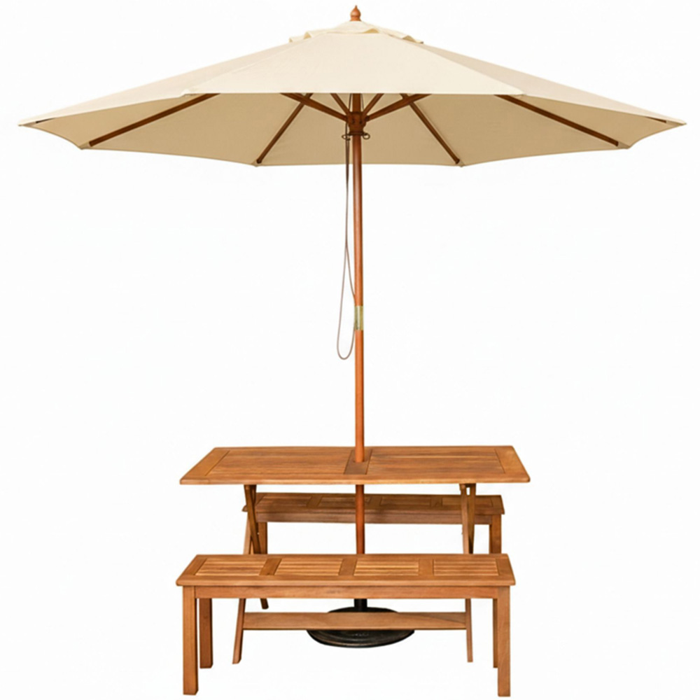 Samuel Alexander 4 Seater Wooden Rectangular Dining Bench Set with Cream Parasol and Base Image 2