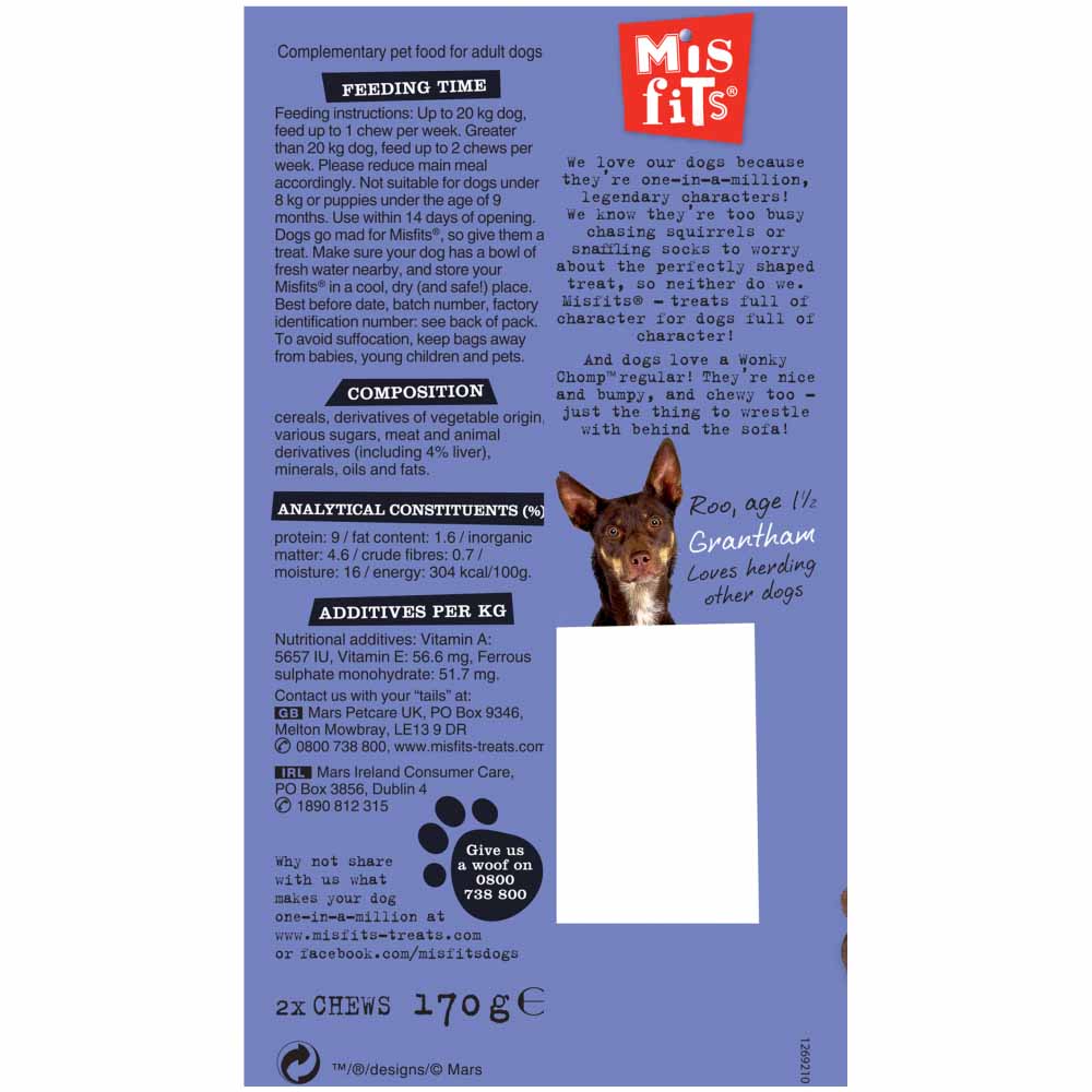 Misfits Wonky Chomp Adult Medium Dog Treats Liver 170g Case of 12 x 2 Pack Image 4