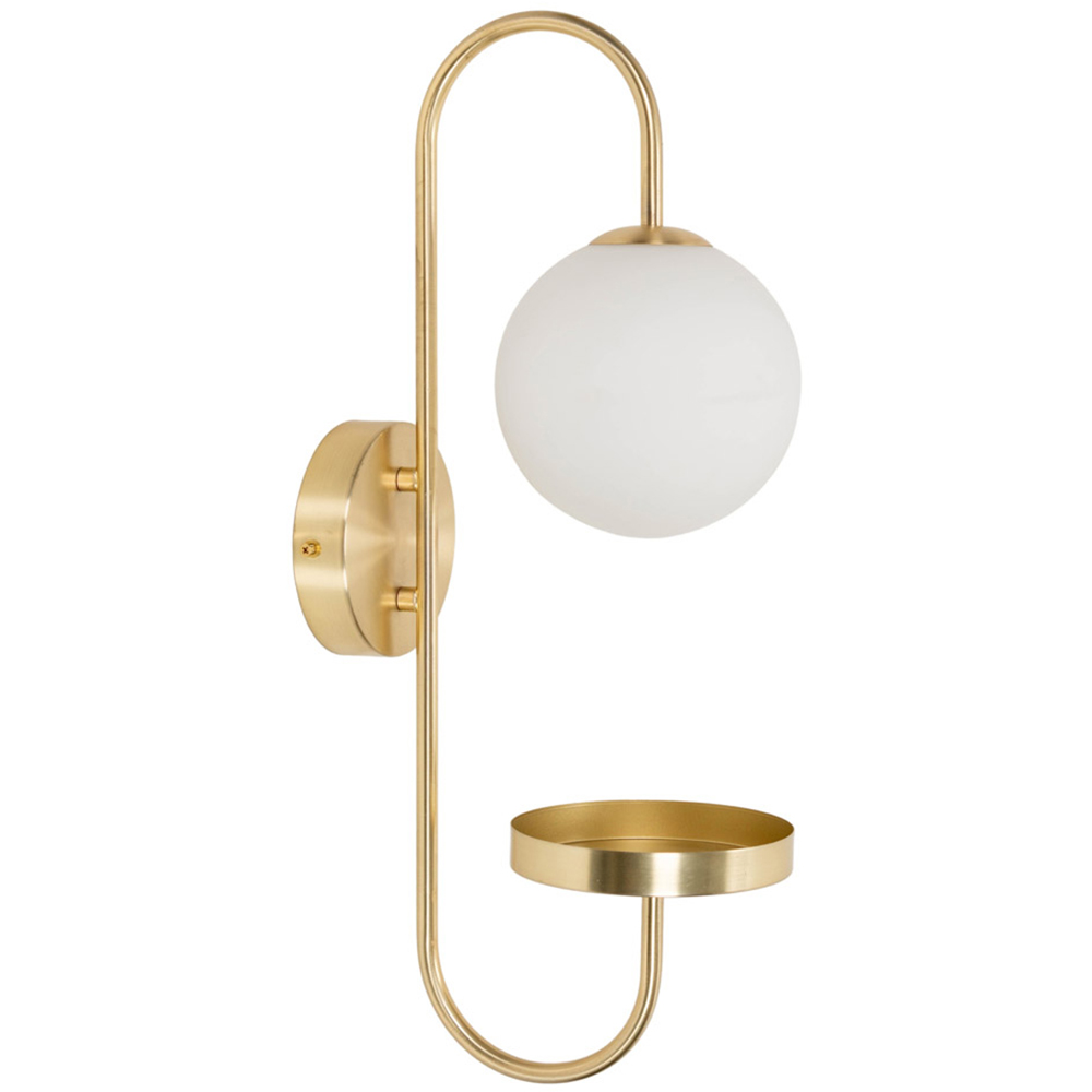 ValueLights Milo Frosted Glass Globe Shade Curved Brushed Gold Wall Light with Shelf and Bulb Image 1