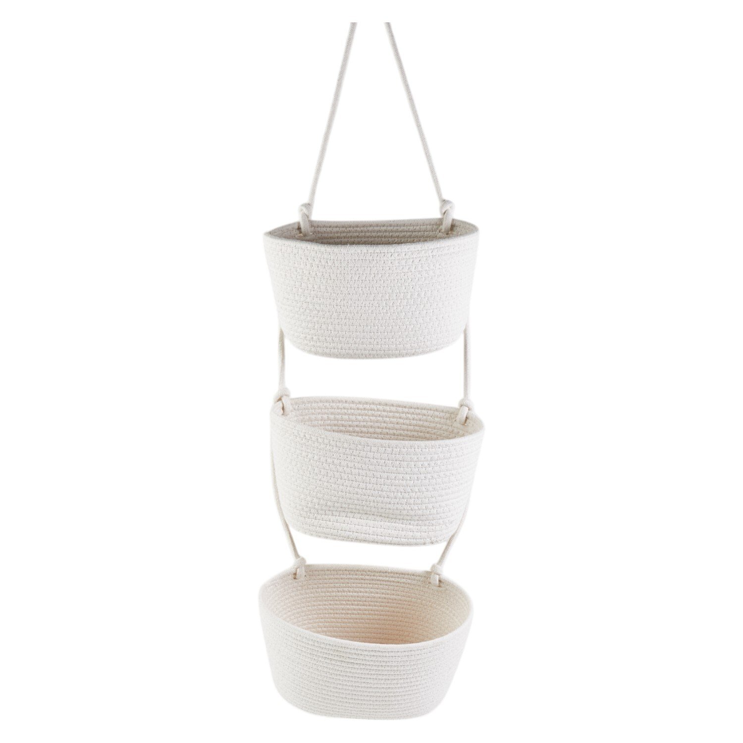3 Tier Rope Hanging Storage Baskets White Image 1