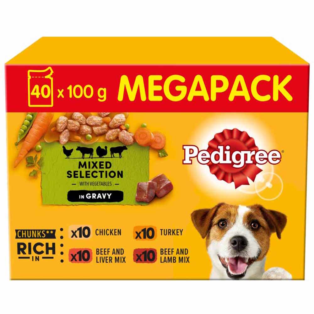 Pedigree Adult Wet Dog Food Pouches Mixed in Gravy Mega Pack 40 x 100g Image 1