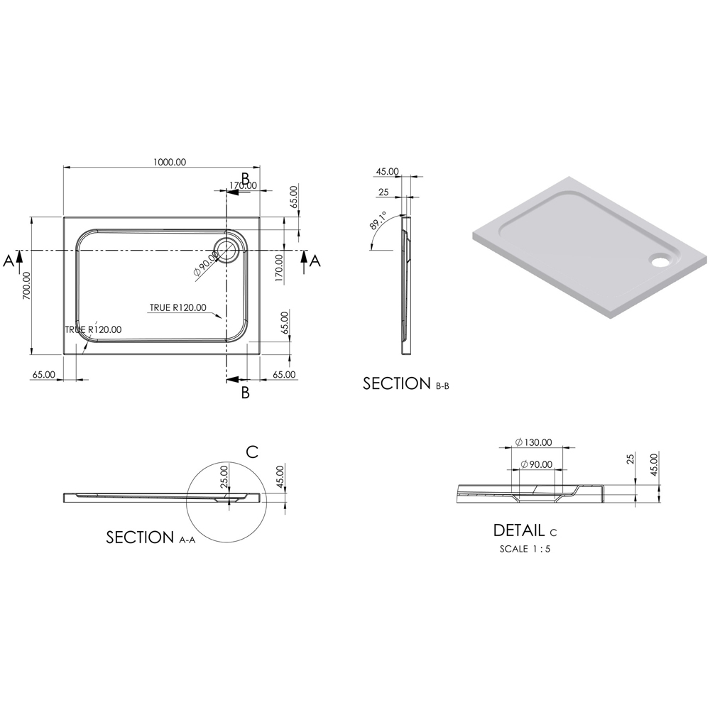 Bathstore 45mm White Glass Reinforced Plastic Rectangular Shower Tray with Chrome Waste 1000 x 700mm Image 3