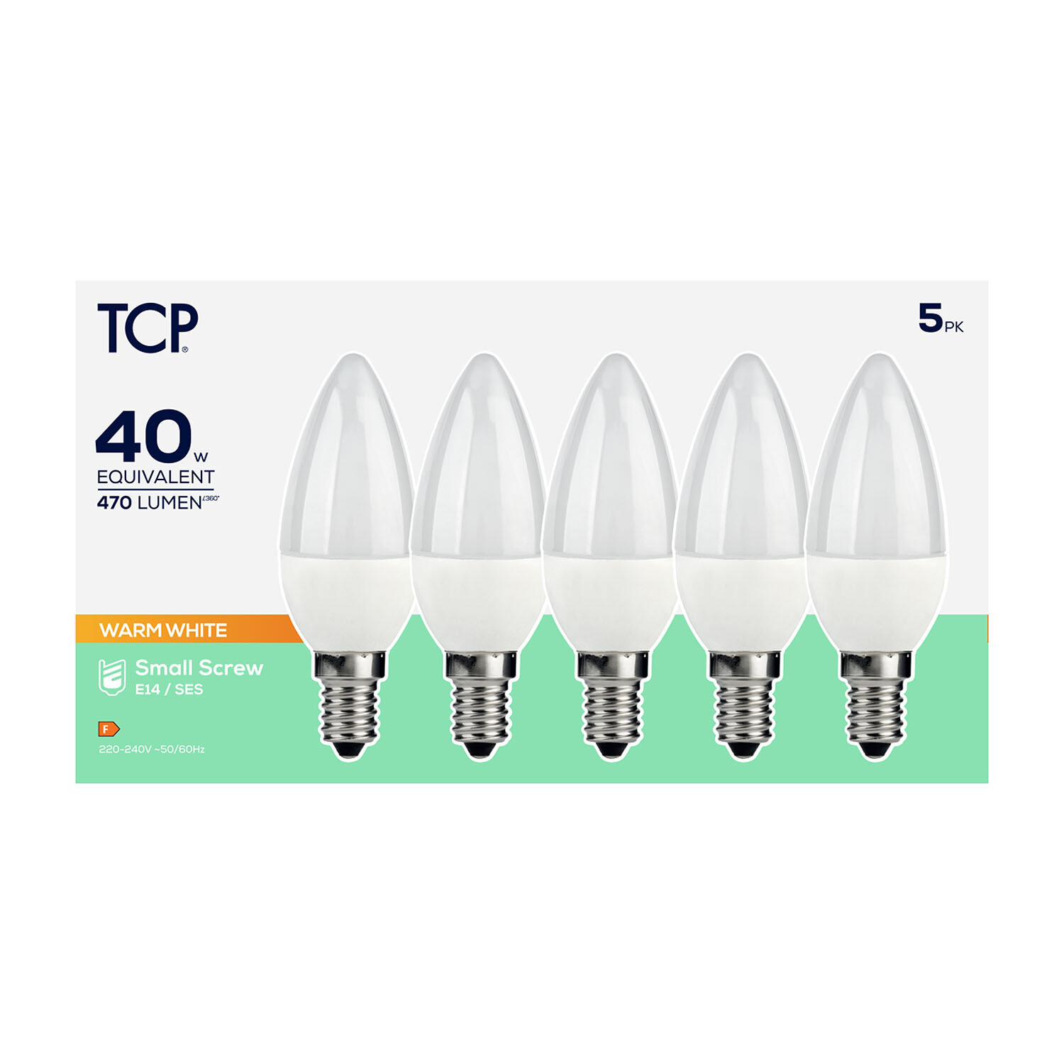 Pack of 5 TCP LED Candle 470L E14 Warm White Bulbs - Warm White Image 2