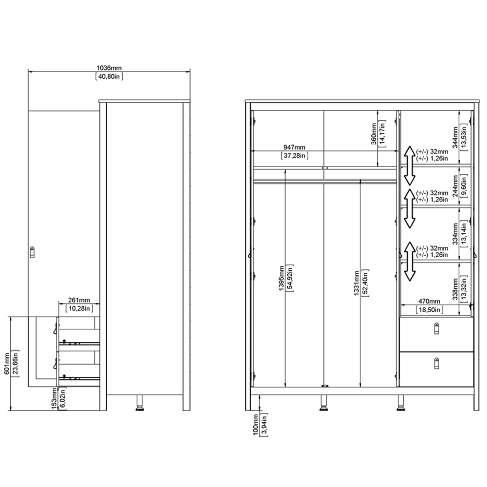 Florence Madrid 3 Door 2 Drawer Matt Black Wardrobe with Mirror Door Image 8