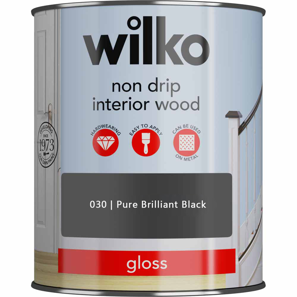 Wilko Non Drip Interior Wood Pure Brilliant Black Gloss Paint 750ml Image 2
