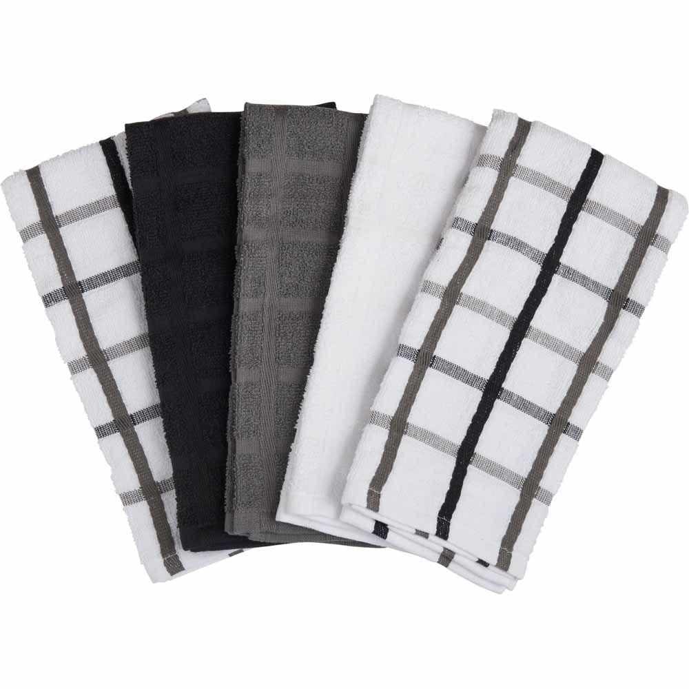 Wilko Black and Grey Tea Towel 5 Pack Image 2