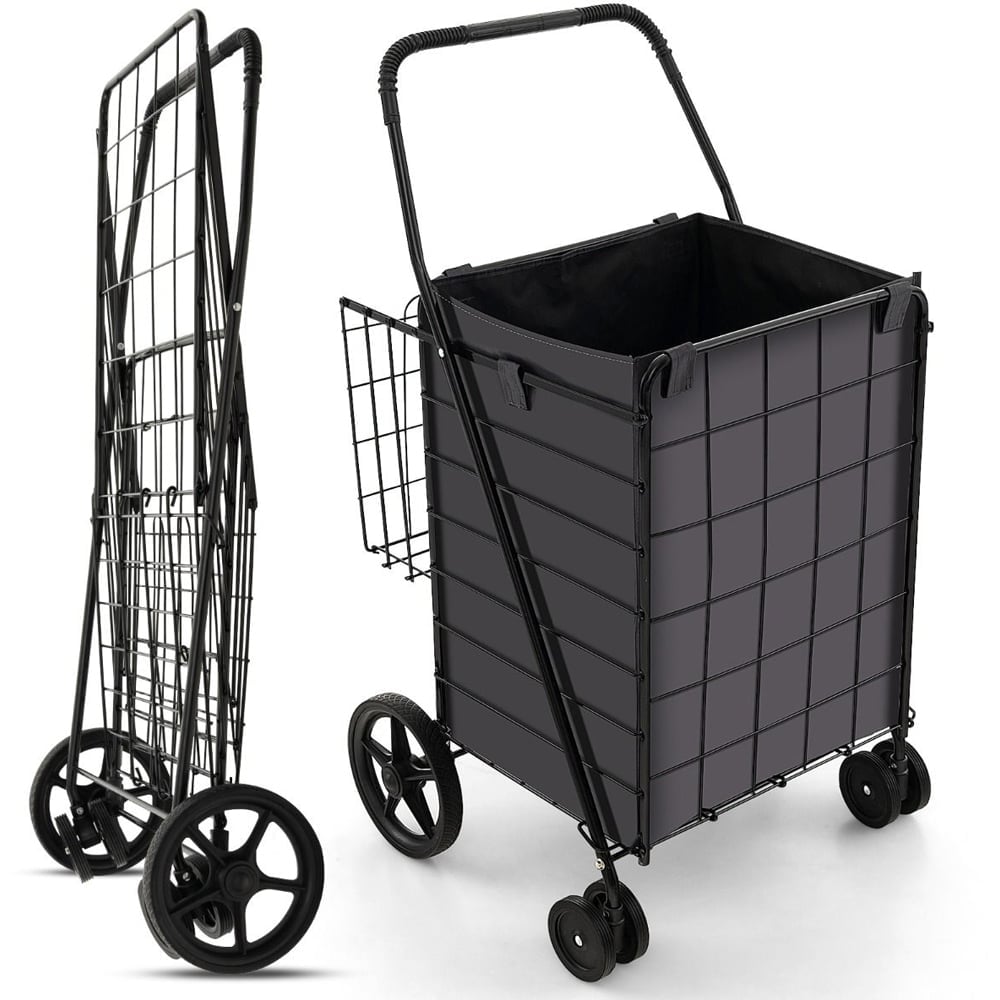 Costway Black Folding Shopping Cart with Oxford Liner Image 2