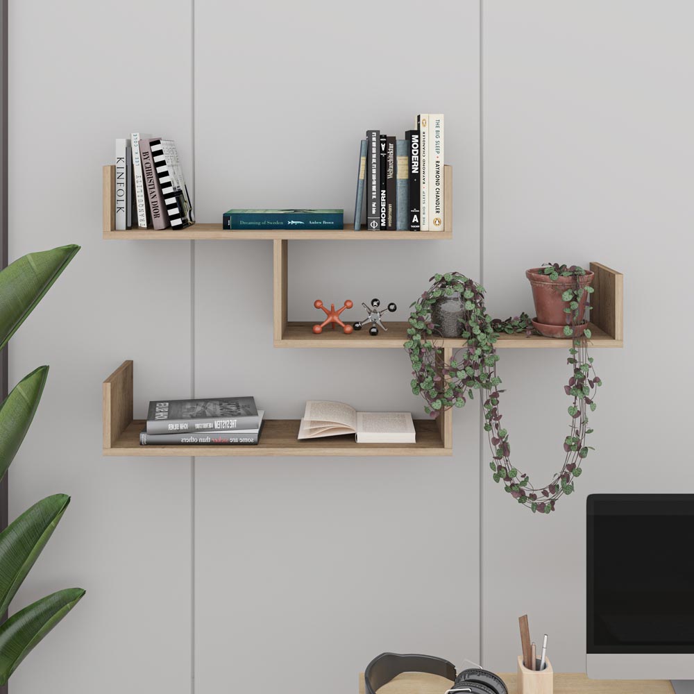 Decortie Tibet 3 Shelf Oak Effect Zigzag Wall Mounted Bookcase Image 3