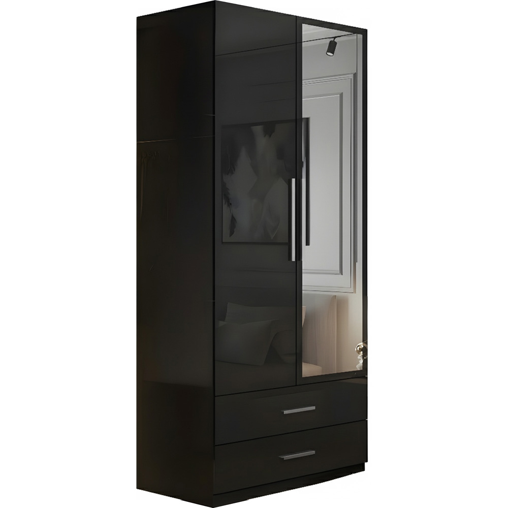 M N Furniture Glossera 2 Door 2 Drawer Black High Gloss Mirrored Wardrobe 80cm Image 2