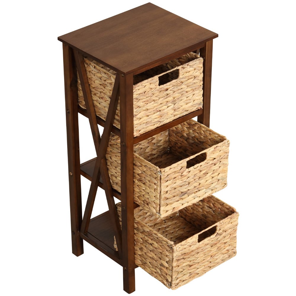 Costway 3 Shelf Rustic Brown Side Table with Seagrass Baskets Image 3
