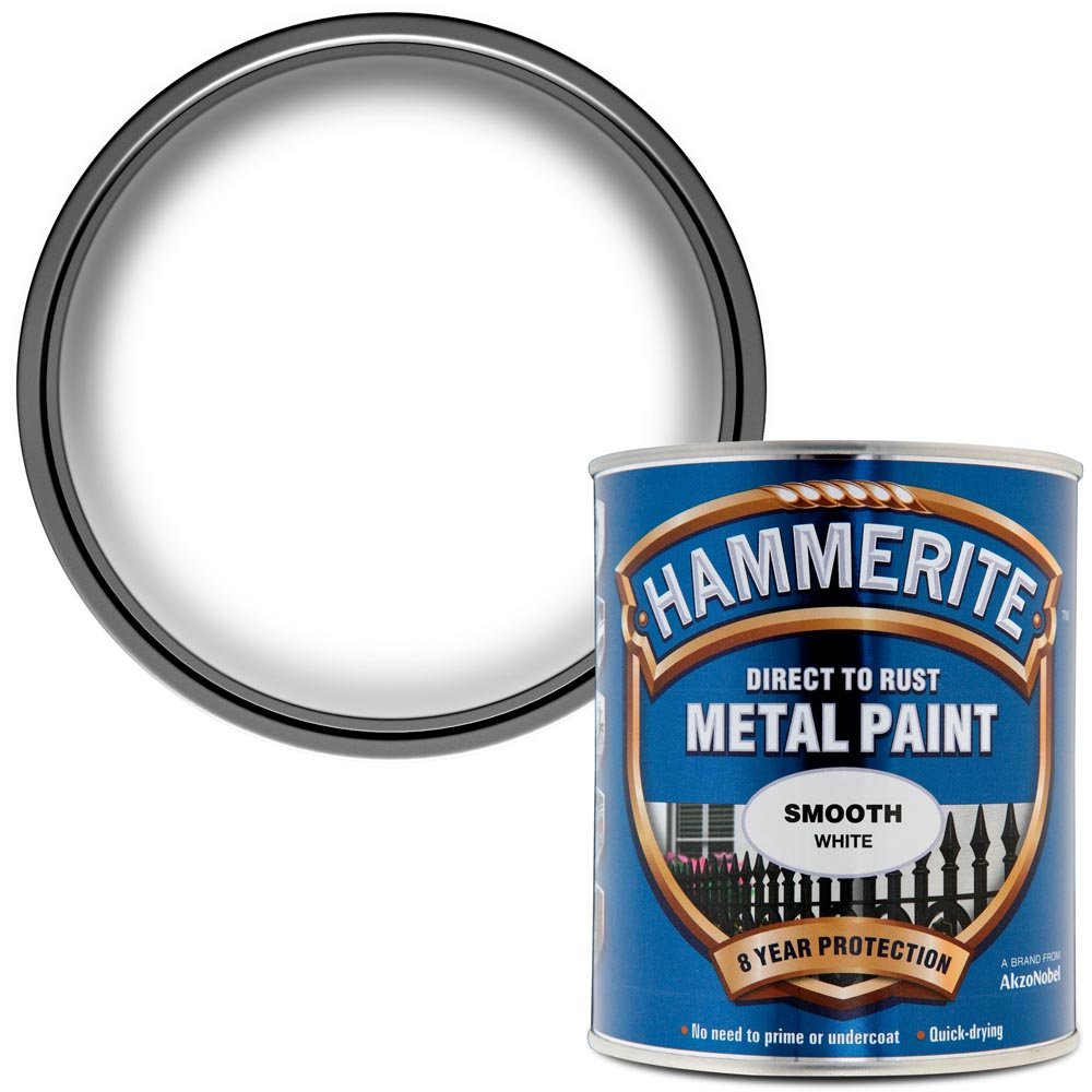 Hammerite Direct to Rust White Smooth Metal Paint 750ml  - wilko Hammerite Direct to Rust Metal Paint is specially formulated to perform as a primer, undercoat and topcoat. Should be applied directly to  rust and will  stop it from recurring. Solvent based paint. WARNINGS Flammable Harmful to aquatic organisms. Keep out of reach children.  Always read  label.  Coverage  up to 5 square metre. Hammerite Direct to Rust White Smooth Metal Paint 750ml