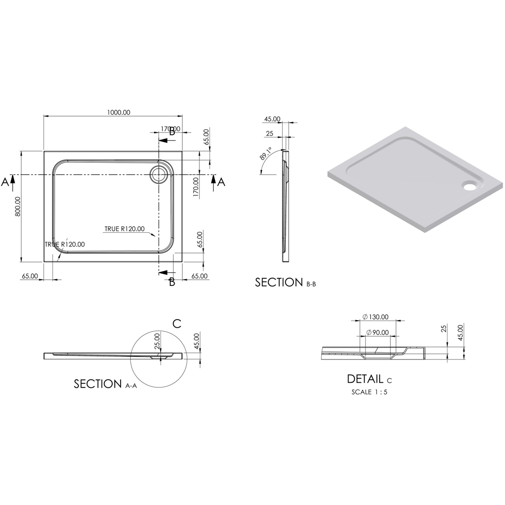 Bathstore 45mm White Glass Reinforced Plastic Rectangular Shower Tray with Chrome Waste 1000 x 800mm Image 3