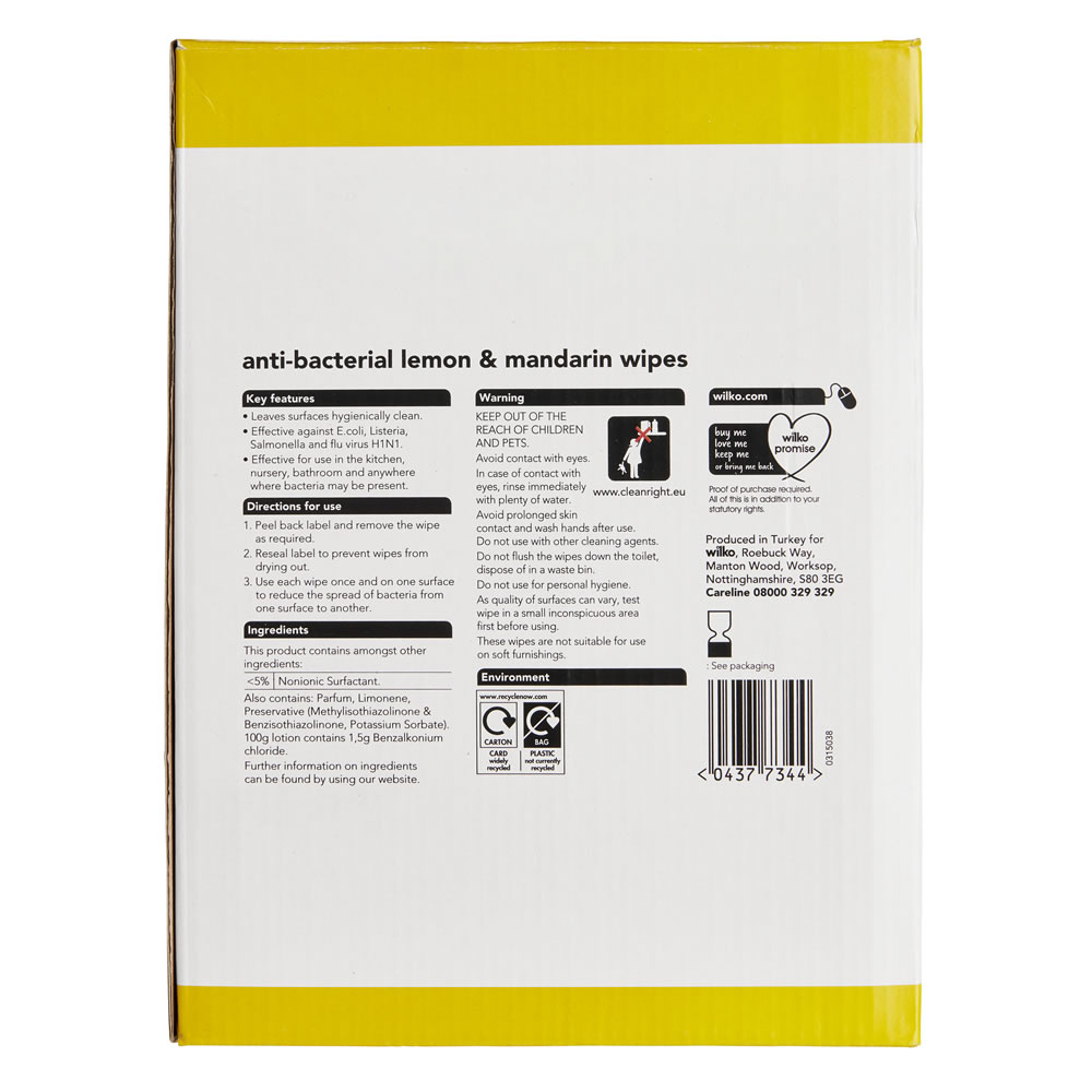 Wilko Lemon Antibacterial Wipes 6 x 40 pack Image 2