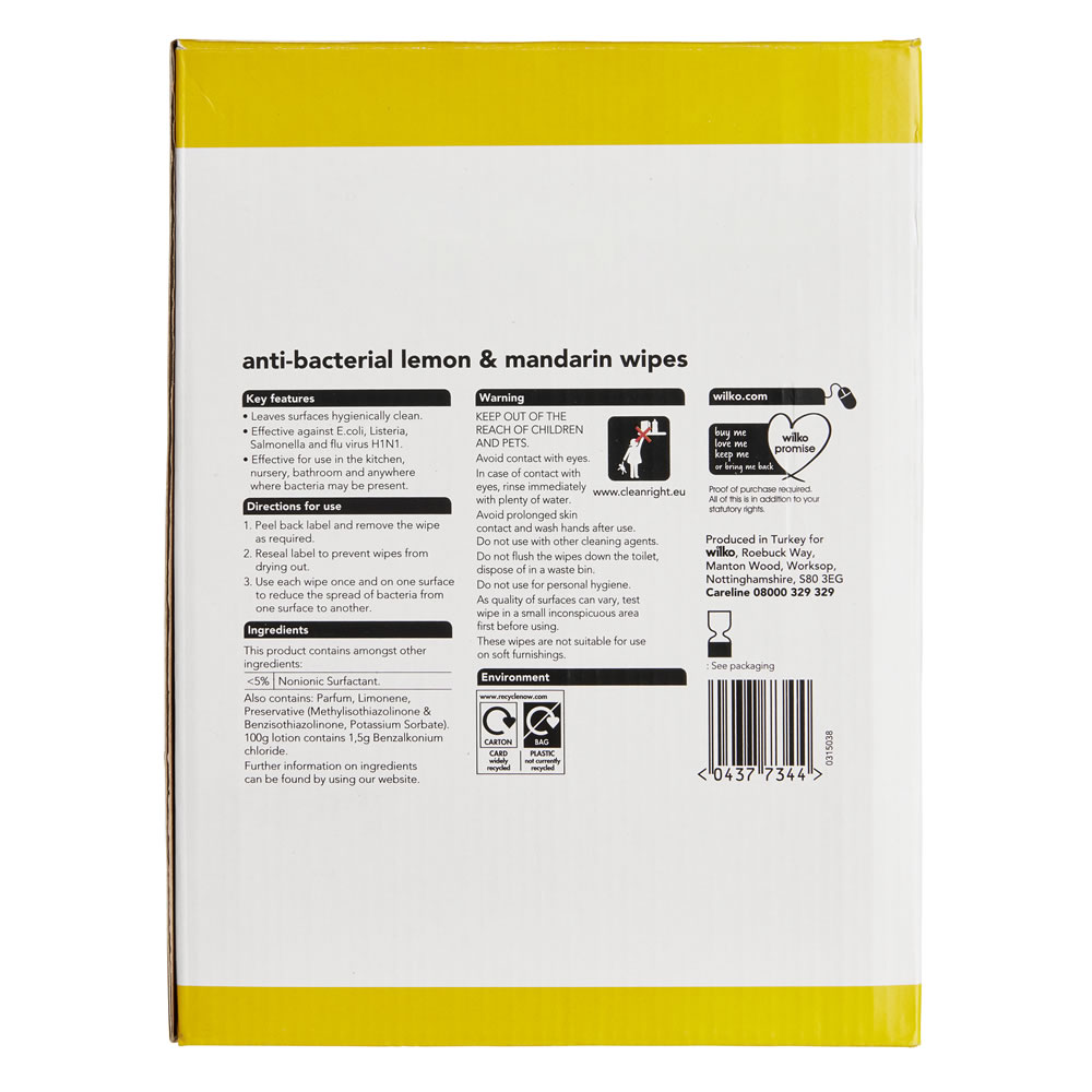 Wilko Lemon Antibacterial Wipes 6 x 40 pack Wilko
