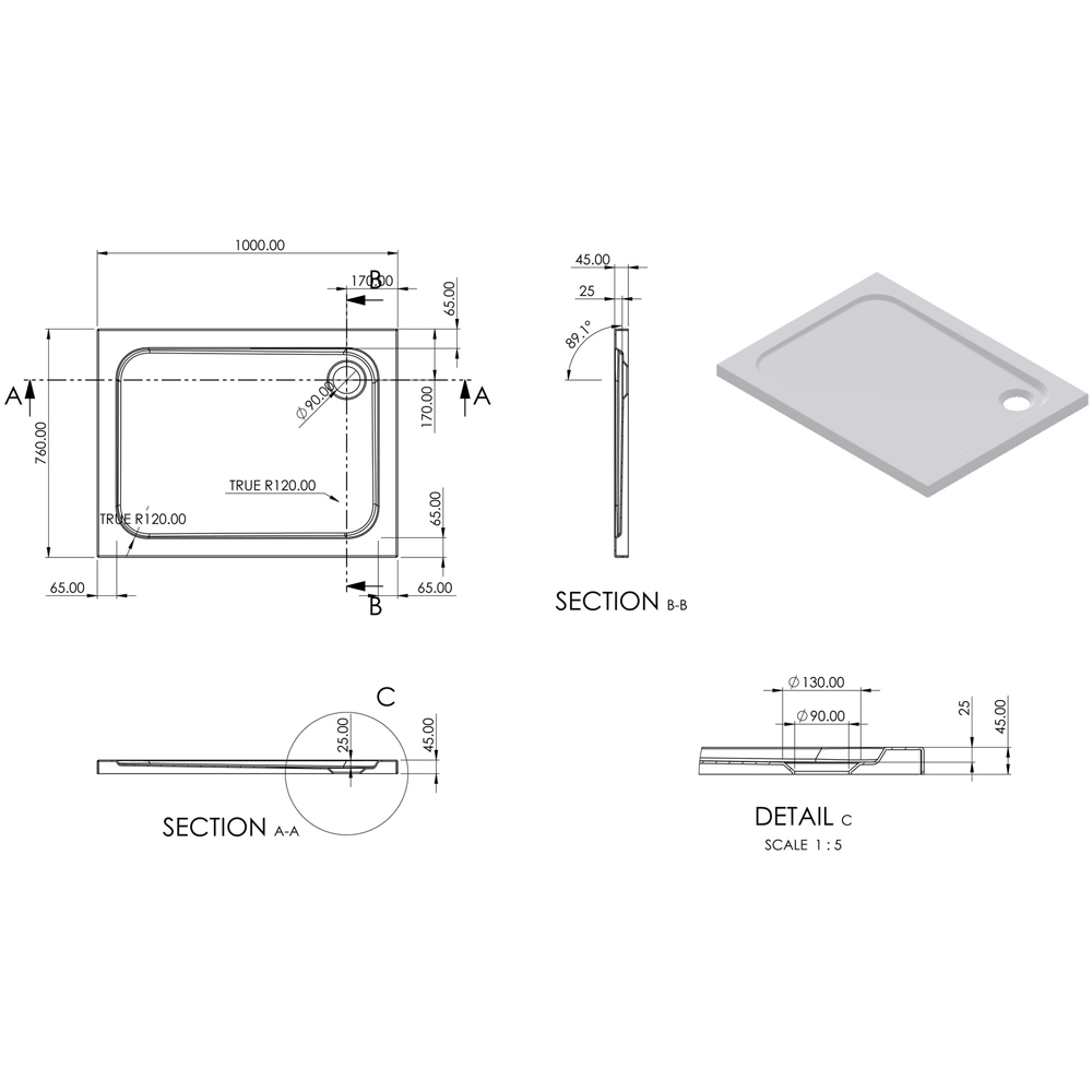 Bathstore 45mm White Glass Reinforced Plastic Rectangular Shower Tray with Chrome Waste 1000 x 760mm Image 3