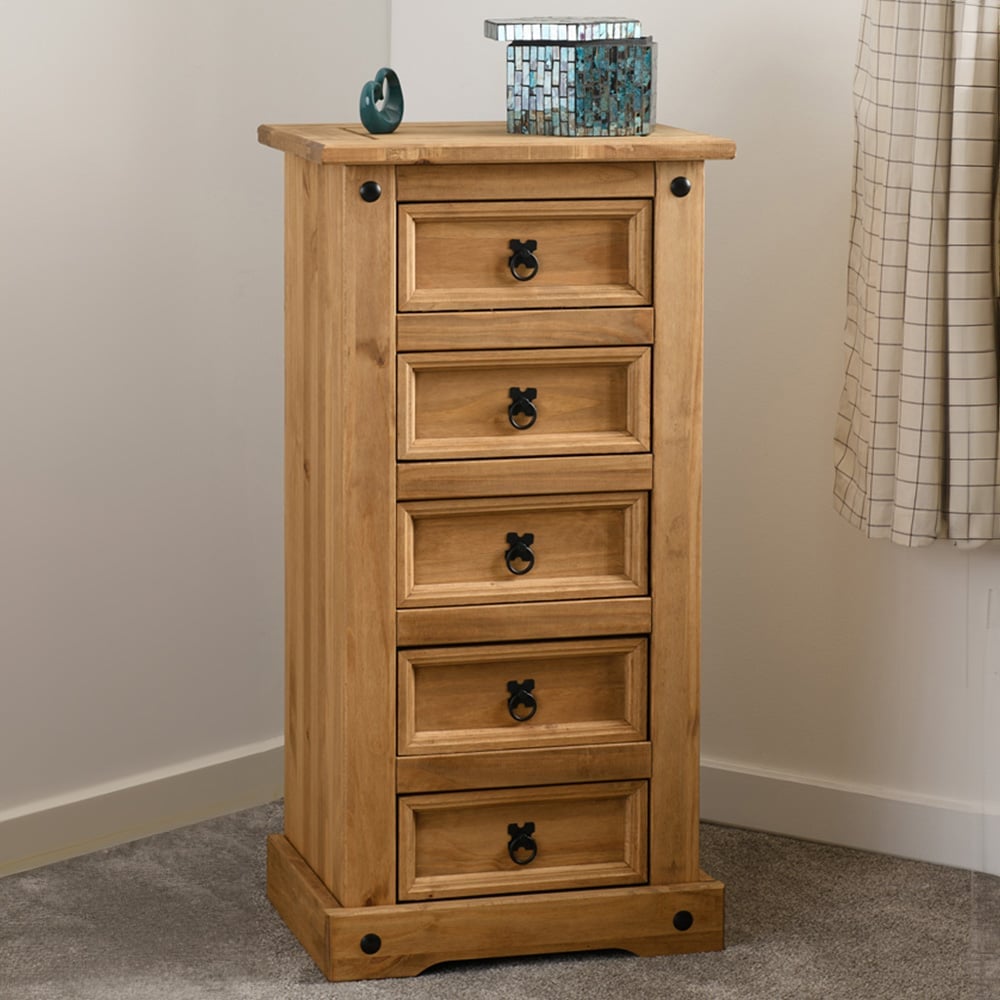 Seconique Corona 5 Drawer Distressed Waxed Pine Narrow Chest of Drawers Image 7