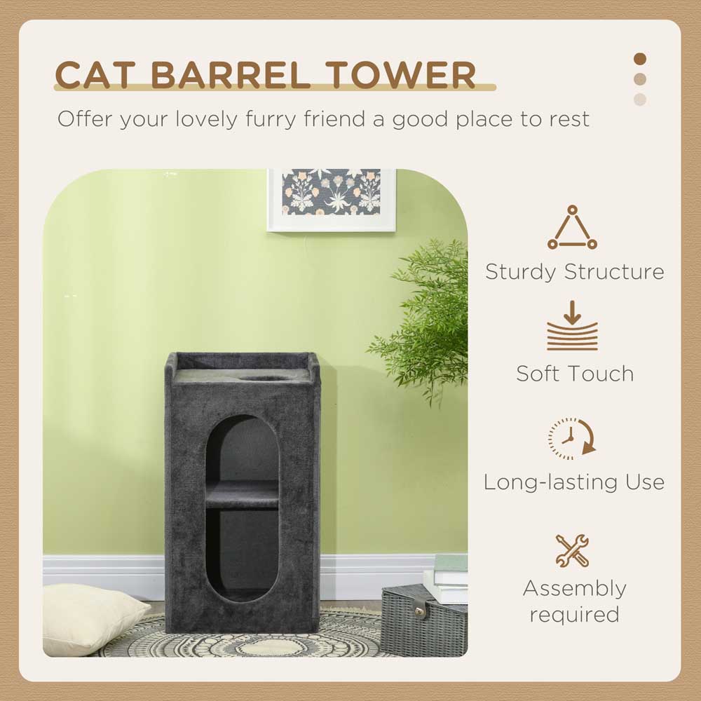 PawHut 81cm Cat Scratching Barrel with Two Cat Houses for Indoor Cats - Grey Image 3