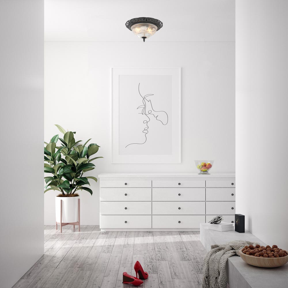 Happy Homewares Matt Black and Frosted Floral Glass Flush Ceiling Light Image 2